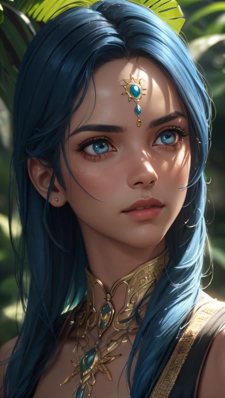 (best quality, masterpiece, perfect face, detailed simmetric eyes, perfect smooth skin texture), fashion photography portrait of indian girl with blue hair, in lush jungle with flowers, 3d render, cgi, symetrical, octane render, 35mm, bokeh, 9:16, (intricate details:1.12), hdr, (intricate details, hyperdetailed:1.15), detailed, sunlight passing through foliage, (hyperrealism, soft light, dramatic light, sharp, HDR)