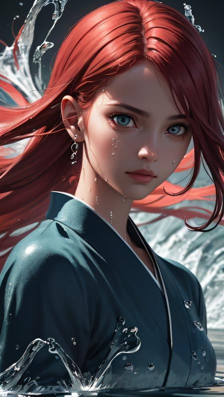 (best quality, masterpiece, perfect face, detailed simmetric eyes, perfect smooth skin texture), epic realistic, (close up), 1girl, floating red_hair, long hair, (water:0.7), waterdrop, wet, holding_katana, blue_kimono with pattern, ultra detailed, (textured_clothing), black_background,, high contrast colors, (hi-top fade:1.3), dark theme, soothing tones, muted colors, high contrast, (hyperrealism, soft light, dramatic light, sharp, HDR)