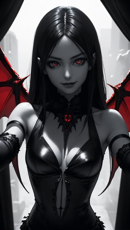 (best quality, masterpiece, perfect face, detailed intense red blood iris), 1 succubusgirl, gothic, demon wings, mischievous smile, (abstract art), half demon, high contrast, (abstract art), half demon, crimson eyes, high contrast (hyper realism, soft light, dramatic light, sharp, HDR)
