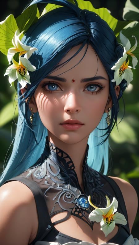 (best quality, masterpiece, perfect face, detailed simmetric iris, perfect smooth skin texture)fashion photography portrait of indian girl with blue hair, in lush jungle with flowers, 3d render, cgi, symetrical, octane render, 35mm, bokeh, 9:16, (intricate details:1.12), hdr, (intricate details, hyperdetailed:1.15), detailed, sunlight passing through foliage, (hyperrealism, soft light, dramatic light, sharp, HDR)