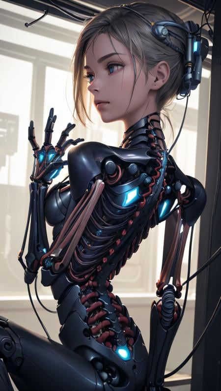 (((best quality, masterpiece, perfect face, detailed simmetric iris)))((Full shot)), (highly detailed CG illustration), ((Chest covered)), ((1mechanical girl)), solo, (nacre exoskeleton) ((upper torso hanging by wires)), ((Hanging by wires and tubes)), (machine made joints:1.2), ((machanical limbs)), (blood vessels connected to tubes), (mechanical vertebra attaching to back), ((mechanical cervial attaching to neck)), (sitting), (chest covered), (wires and cables attaching to neck:1.2), (wires and cables on head:1.2), (character focus), science fiction, extreme detailed, colorful, (hyperrealism, soft light, dramatic light, sharp, HDR)
