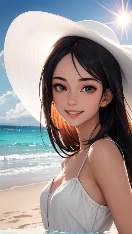 (best quality, masterpiece, perfect face, detailed simmetric iris), anime Nagatoro young tan girl, play with water, beach, white long sundress, big white hat, smiling, shining sun in the sky, flare lens, funny clouds, (hyperrealism, soft light, dramatic light, sharp, HDR)