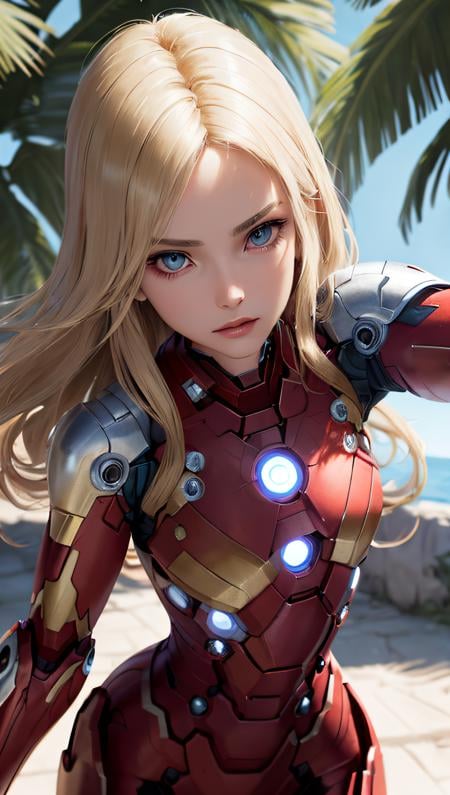 (best quality, masterpiece, perfect face, detailed simmetric iris, perfect smooth skin texture) intense blonde striped hair, sexy 18 years old girl, medium tits, in ultra detailed luminiscent ironman shining suit, imminent laser beam from palm hand versus the viewer (hyper realism, soft light, dramatic light, sharp, HDR)
