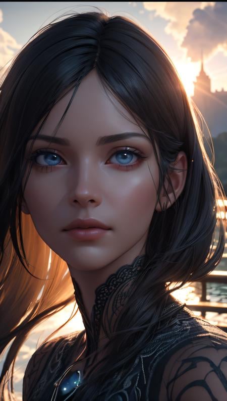 (best quality, masterpiece, perfect face, detailed simmetric iris, perfect smooth skin texture) majestic night, incredible multicolored sky, dreamlike, visible stars, a girl over the bridge across the river, looking over the sky, 3d render, cgi, octane render, 35mm, bokeh, 9:16, (intricate details, hyperdetailed:1.15), detailed, sunlight passing through hair, (hyperrealism, soft light, dramatic light, sharp, HDR)