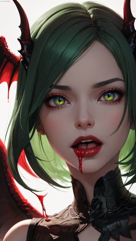 (best quality, masterpiece, perfect face, detailed simmetric iris, perfect smooth skin texture)1 succubusgirl, gothic, demon red wings, she licks the blood off her fingers, long green hair, (abstract art), half demon, crimson eyes, high contrast (hyper realism, soft light, dramatic light, sharp, HDR)