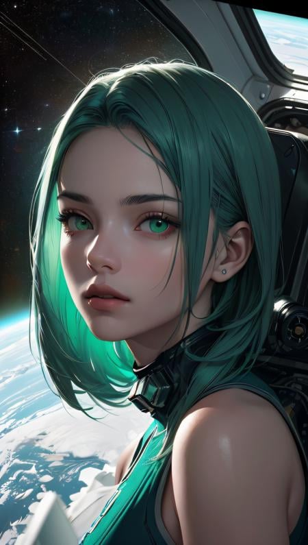 (best quality, masterpiece, perfect face, detailed simmetric iris, perfect smooth skin texture), epic realistic, long green hair, 18 years old girl, medium tits, astronaut on space,  high contrast colors, (hi-top fade:1.3), dark theme, soothing tones, muted colors, high contrast, (hyperrealism, soft light, dramatic light, sharp, HDR)