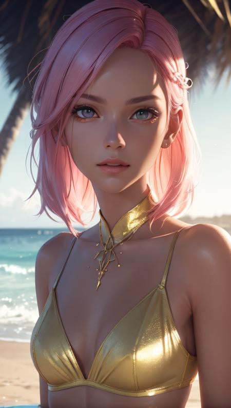 (best quality, masterpiece, perfect face, detailed simmetric iris, perfect smooth skin texture)fashion photography portrait of cute girl with iridiscent pink hair, in lush beach, gold bikini, 3d render, cgi, octane render, 35mm, bokeh, 9:16, (intricate details, hyperdetailed:1.15), detailed, sunlight passing through hair, (hyperrealism, soft light, dramatic light, sharp, HDR)