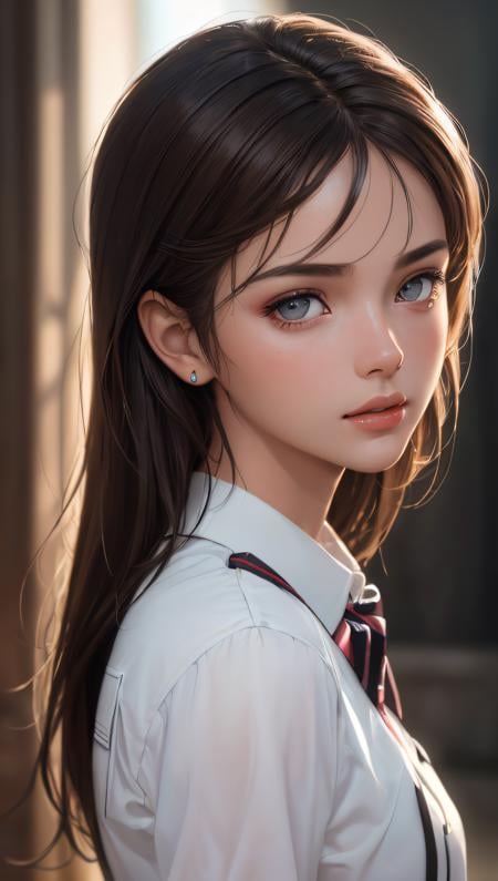 (best quality, masterpiece, perfect face, detailed simmetric iris, perfect smooth skin texture) brown hair, 18 years old girl, medium tits, university uniform,  (hyper realism, soft light, dramatic light, sharp, HDR)