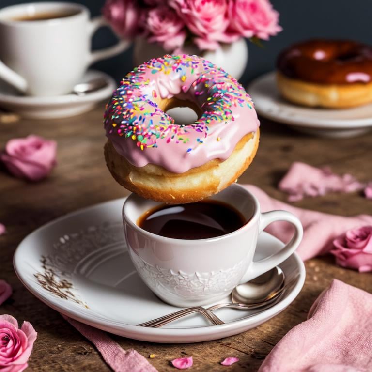 (masterpiece:1.2), (best quality), (ultra detailed), (8k, 4k, intricate),(highly detailed:1.2), (detailed background),detailed landscape, ((portrait)),  <lora:more_details:0.5> <lora:food:0.7>foodstyle, flower, food, blurry, cup, rose, pink flower, teacup, mug, doughnut, pink rose, saucer, coffee, coffee mug, food focus, still life, sweets,