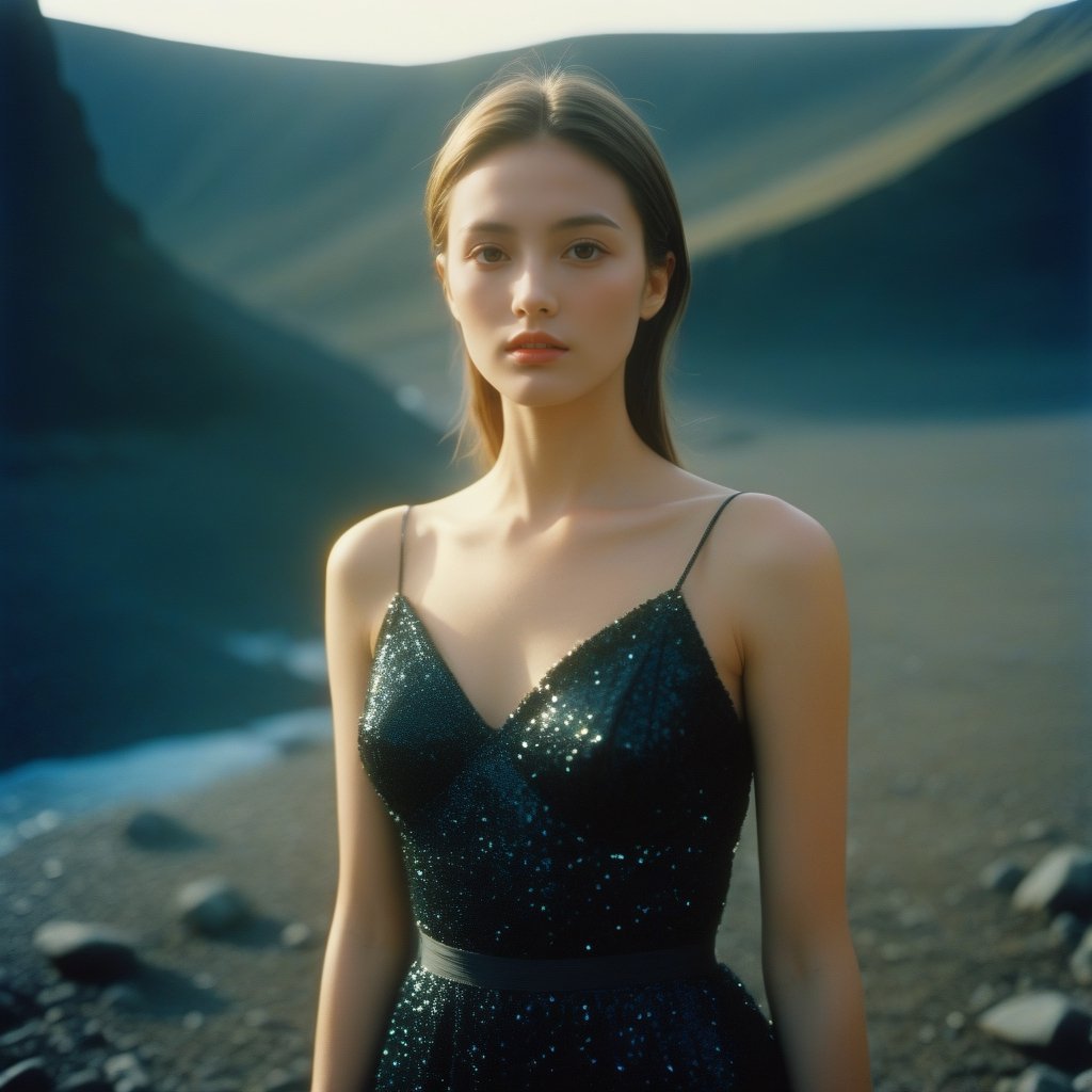 girl taking analog film photo,cinema photo,((Establishing_Shot)),((looking away)),expression of interest,a resolution professional high fashion portrait photo extreme,a model wearing a transparent evening dress in an Icelandic black rock environment at dawn,no artifacts,extremely detailed,clear,refraction,shallow depth of field,volumetric lighting and shadows,ray tracing,light rays,shallow depth of field,sharp,high detail,high budget,bokeh,cinematic lens,moody,epic ,gorgeous,film grain,grain. matte film,desaturation,35mm photo,grainy,sharp,vintage,Kodachrome,Lomography,stained,high detail,found footage,fashion outfit