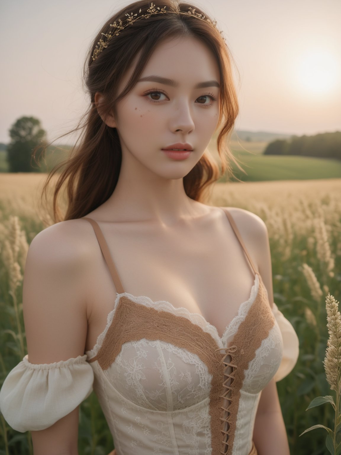 (Highest Quality, 4k, masterpiece, Amazing Details:1.1), Shallow Depth of Field, E671, lens 50mm f/2.0, (epic, natural skin, skin pores, detailed skin, girl focus) wide angle picture of  a girl, (meadow teenager, as villager, freckles), big sagging breast, thigh gap ((farm:1.3) girl, sexy ((medieval:1.3) lingerie, exposing breast), (farm village, outdoors, golden hour:1.1), (light makeup, eyelashes, seductive gaze), (photorealistic) (RAW Photo), aesthetic portrait, old style,aw0k euphoric style,cpbg,coocolor,3d toon style