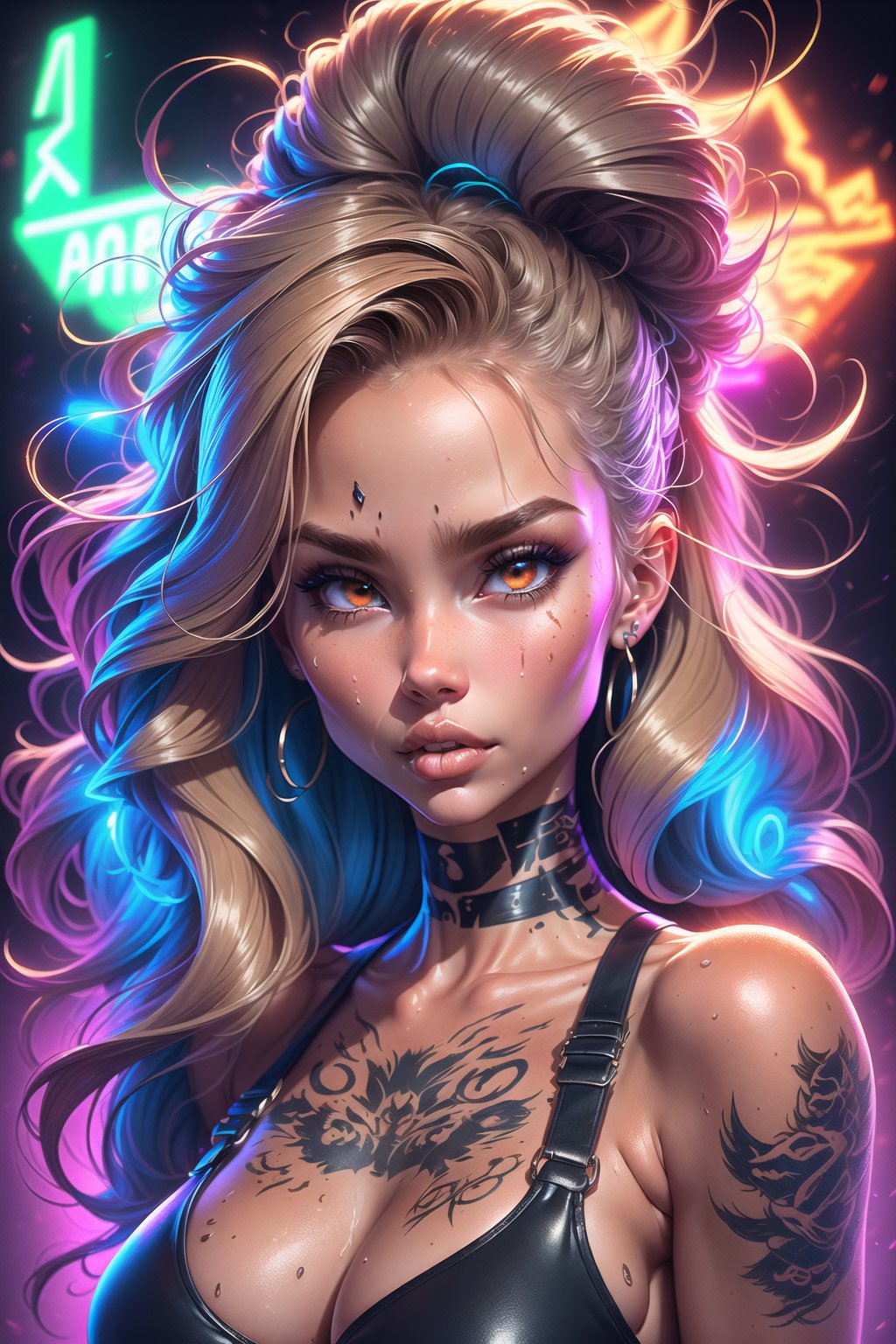 (1girl), portrait, tan, dewy skin, sweaty skin, wavy long hair, punk tshirt, punk girl, tattoos glow with neon light., neon blur, High detailed 
