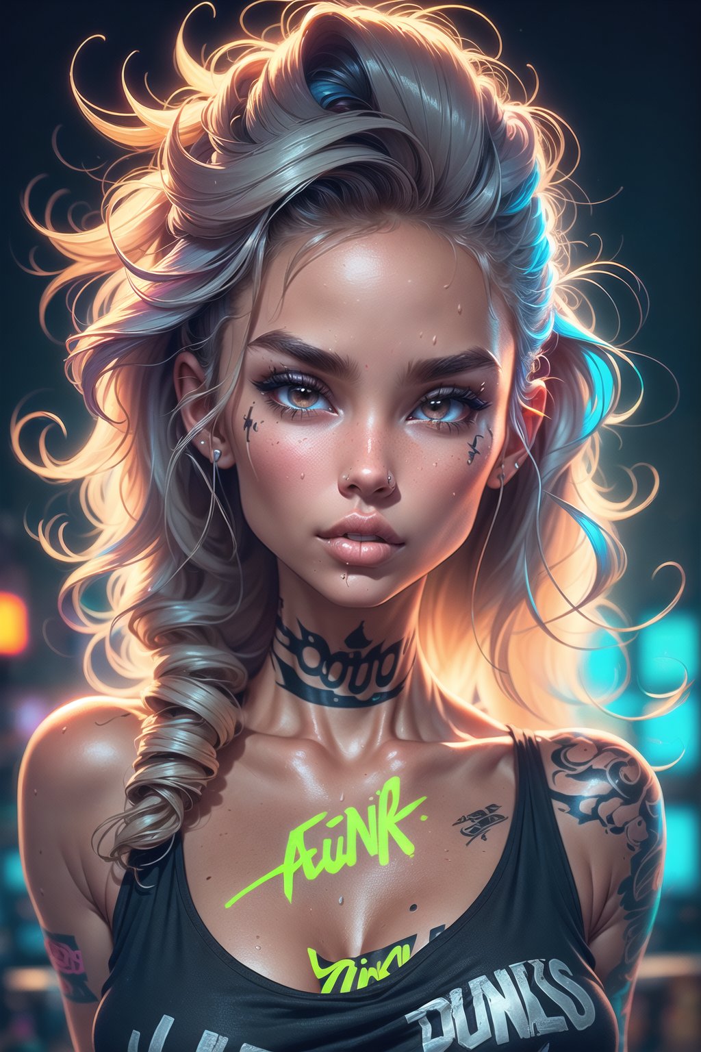 (1girl), portrait, tan, dewy skin, sweaty skin, wavy long hair, punk tshirt, punk girl, Tattoo, neon tattoo, neon blur, High detailed 