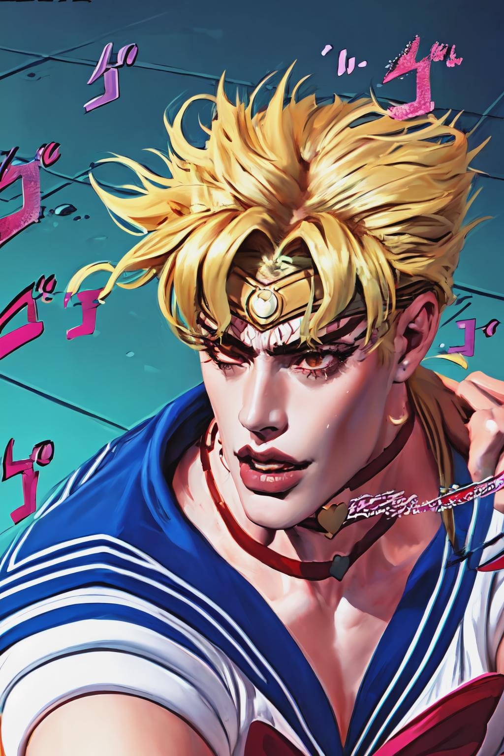 Highly detailed, High Quality, Masterpiece, beautiful, IncrsSMRCMeme, <lora:SailorMoonRedrawChallengeMeme:1>, sailor moon \(cosplay\), dio, headband,  <lora:Char_Sigmas_Dio:0.9>, 1boy, MenacingJojo, text, <lora:Pos_MenacingJojo:1>