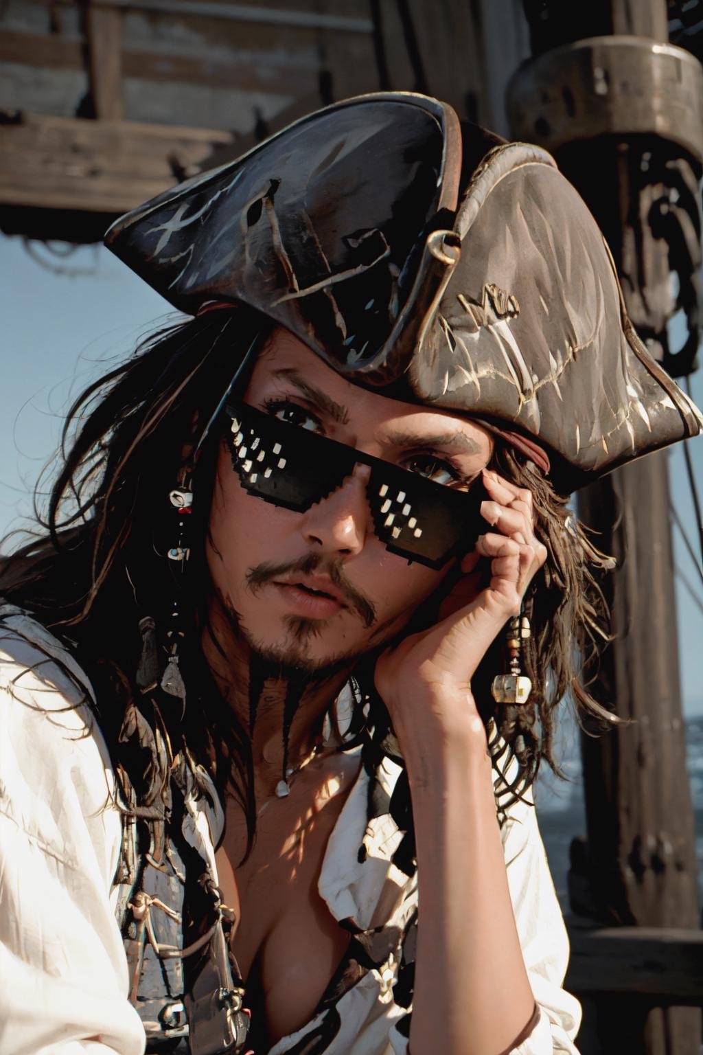 Highly detailed, High Quality, Masterpiece, beautiful, IncrsSMRCMeme, <lora:SailorMoonRedrawChallengeMeme:1>, jack sparrow, hat, brown hair, earrings, hat, pirate, jewelry, shirt, short hair, white shirt,  <lora:Char_Sigmas_JackSparrow:1>, DealWithIt, sunglasses, <lora:Outfit_DealWithIt:1>