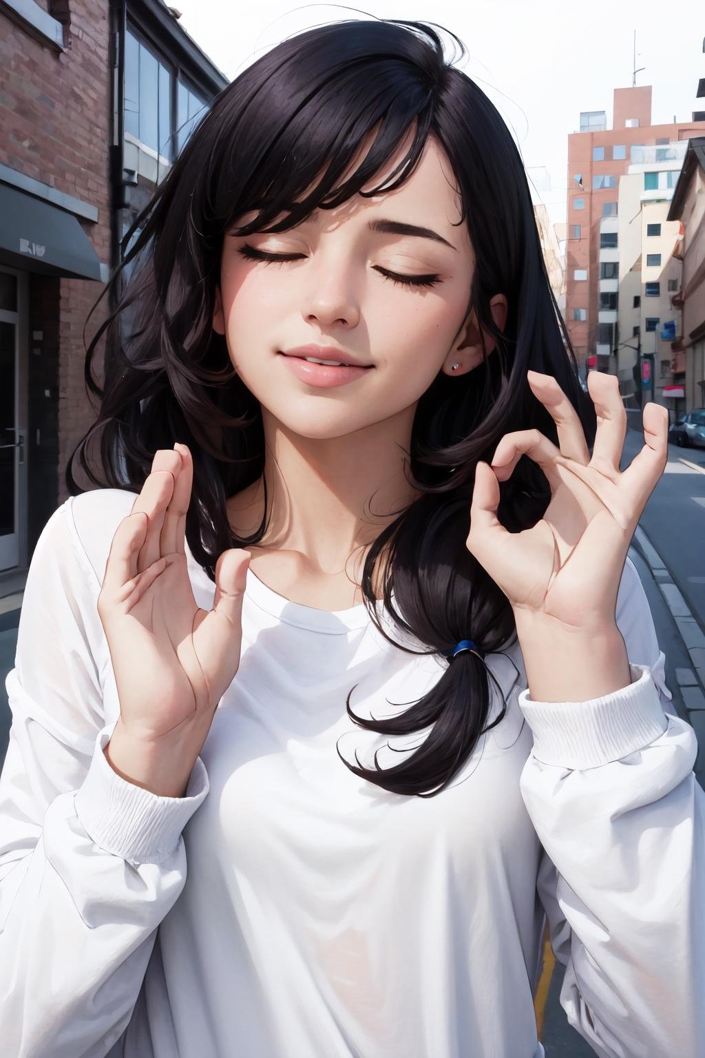 Highly detailed, High Quality, Masterpiece, beautiful, 1girl, solo, PachaMeme, <lora:PachaMeme-10:1.0>, black hair, long hair, shirt, white shirt, closed eyes, 