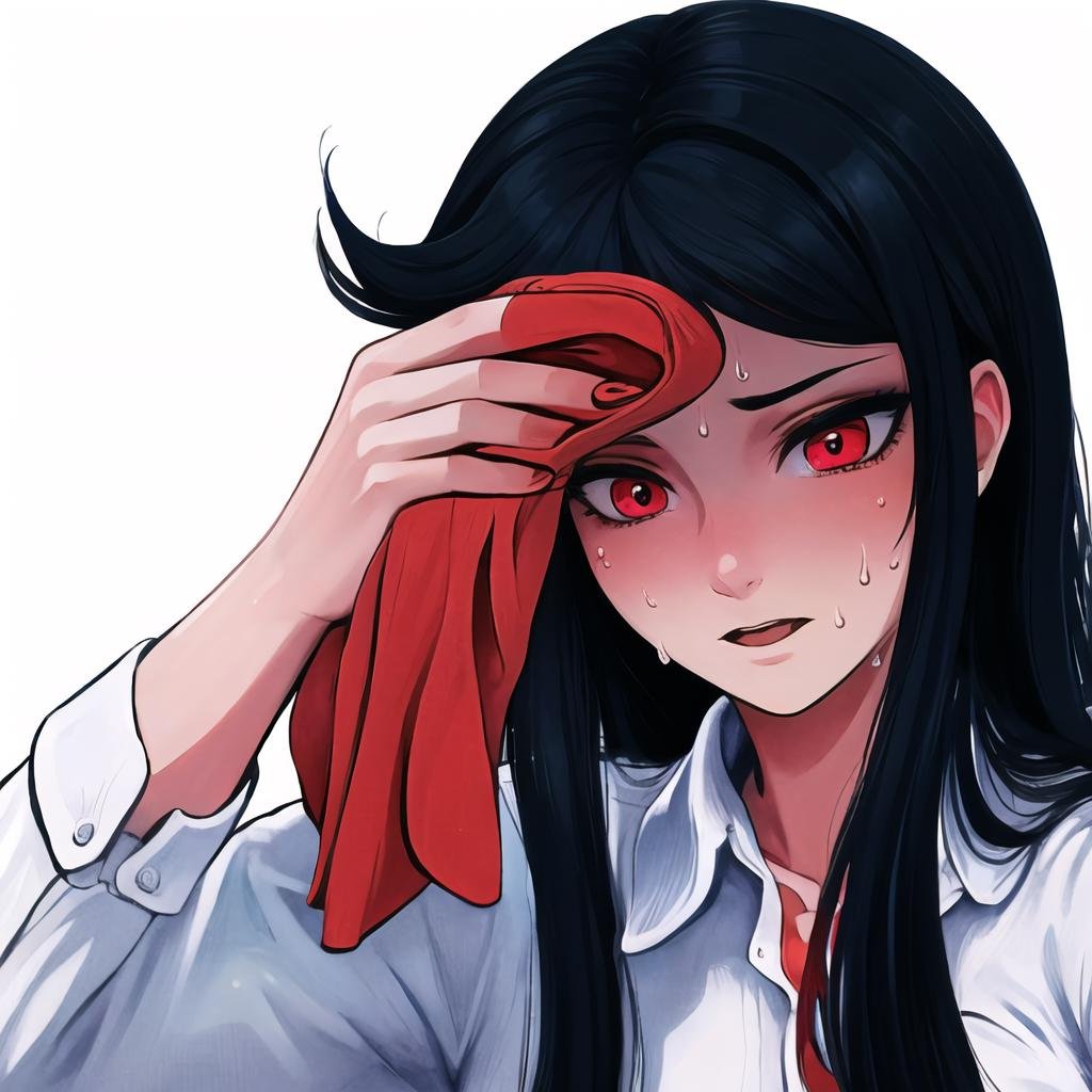 Highly detailed, High Quality, Masterpiece, beautiful, SweatingTowelGuy, <lora:SweatingTowelGuy-08:1>, 1girl, red eyes, black hair, long hair, shirt, white shirt