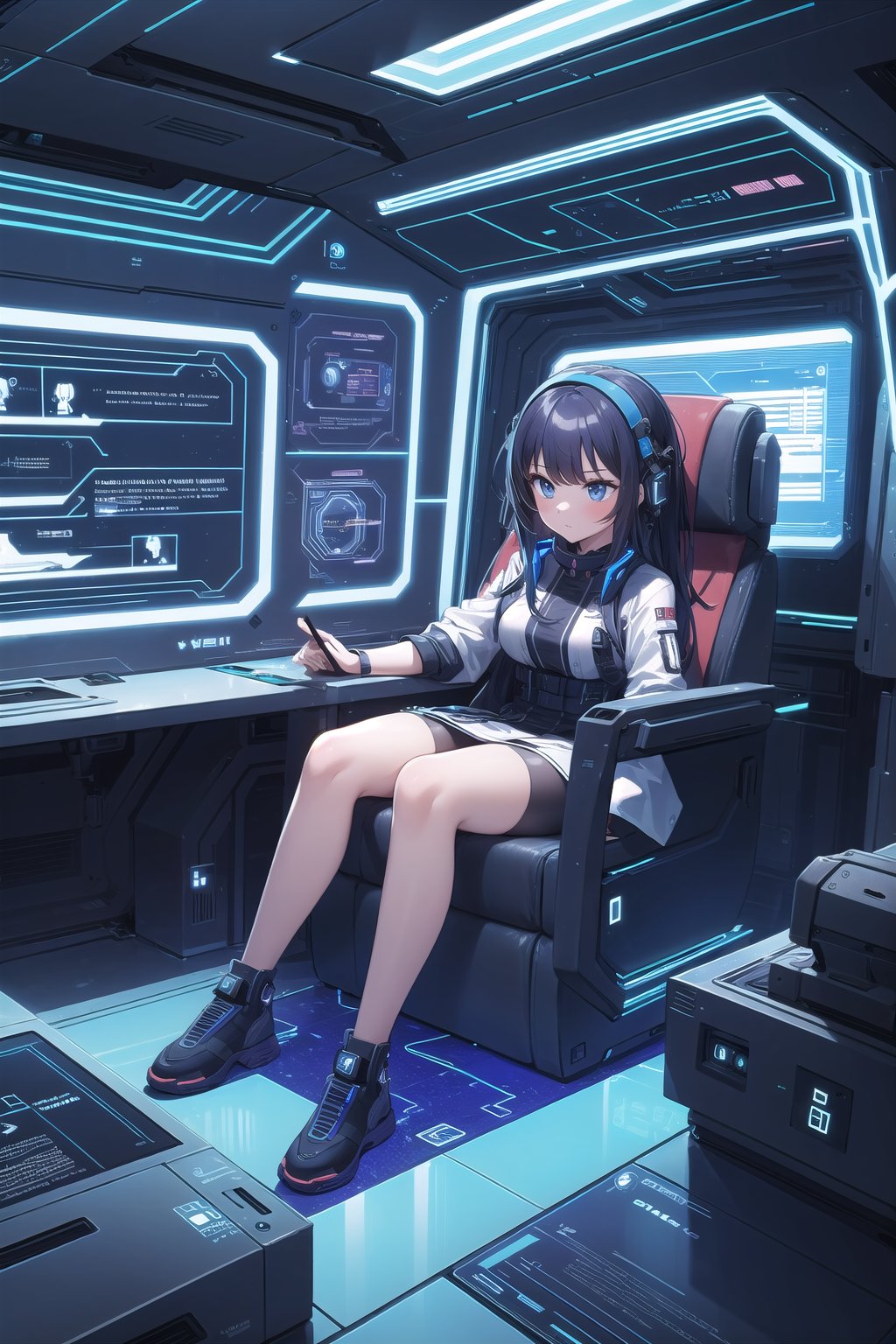 (masterpiece), 1girl, sci-fi, spaceship interior, holographic interface,