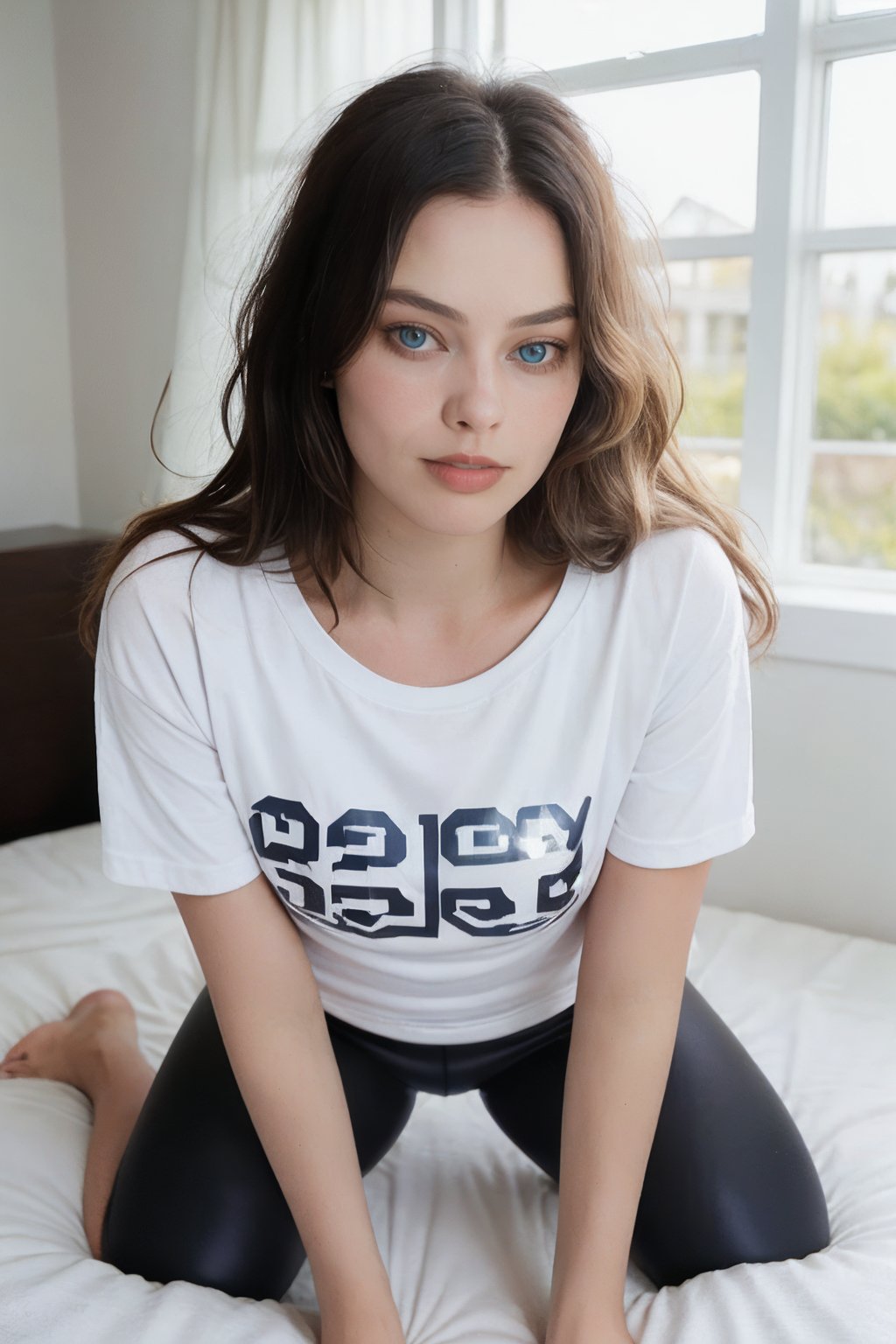 instagram photo, full body photo of 23 y.o pretty brunette girl with blue eyes, wearing sexy white t-shirt, black leggings, eager for sex, laid down in the bed, messy hair, pale skin, (smile:0.4), soft shadows, no makeup, medium hard tits, from head to toe in the photo, bare feet, shallow depth of field,,    <lora:m4rg0t-04:1>