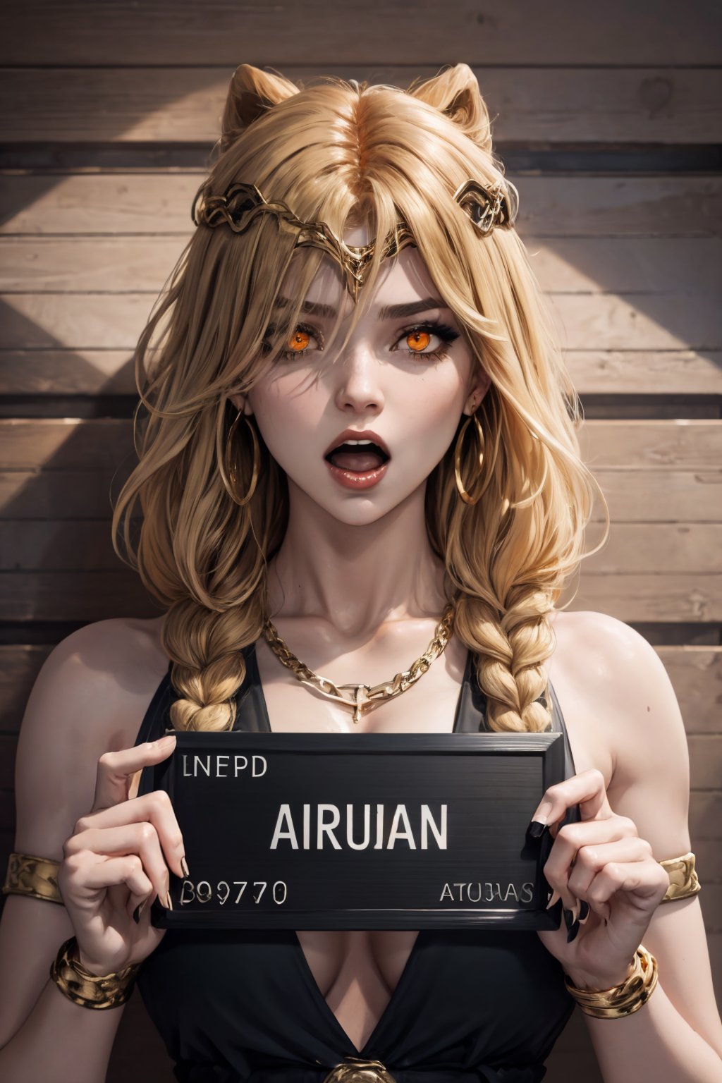 good anatomy, masterpiece, best quality, 4k, 8k, 1girl,concept_barbie_mugshot_ownwaifu, holding, barbie_mugshot_(meme), height_mark, height_chart, nameplate, (holding sign:1.1), letterboxed, looking at viewer, meme, mugshot, open mouth, solo, upper body, www.ownwaifu.com, scared,

QueenMarika_dress_aiwaifu,blonde hair,hair over one eye,breasts,jewelry,long hair,dress,armlet,large breasts,cleavage,bracelet,bare shoulders,black dress,necklace,braid,yellow eyes,lips,circlet,pelvic curtain,plunging neckline,very long hair,thighlet,gold,chain,armband,gold chain,bangle,center opening,braided ponytail,thigh strap,earrings,belt,hair over shoulder,sleeveless dress,orange eyes,hair ornament,
,QueenMarika_dress_aiwaifu