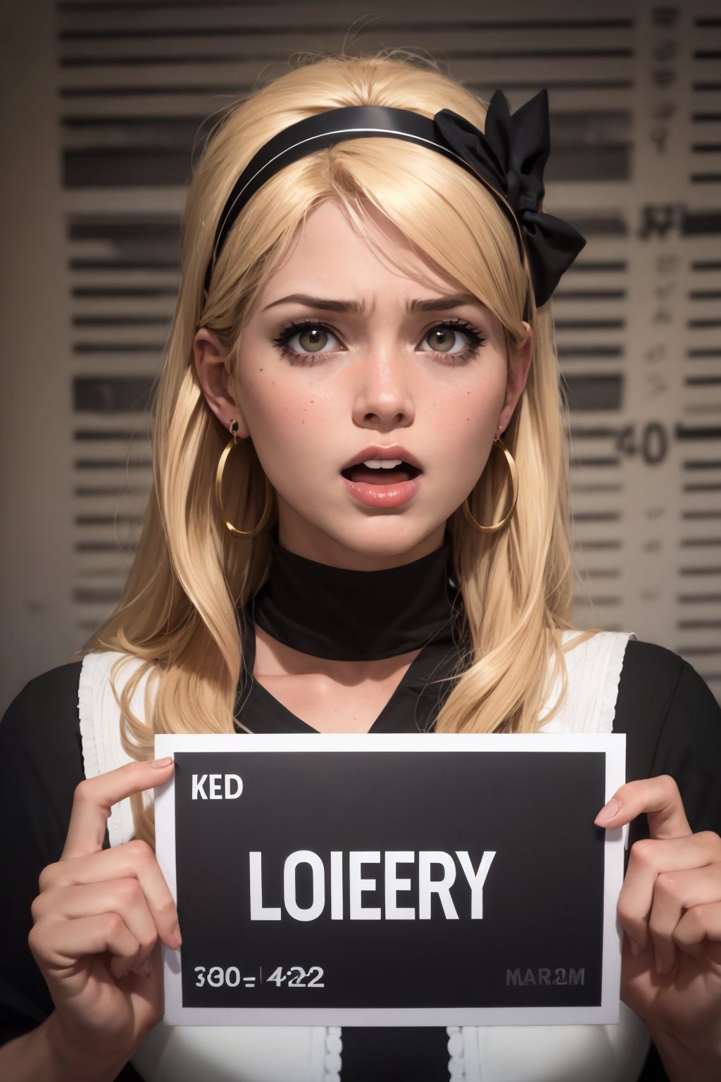 1girl, blonde hair, earrings, english text, fake cover, hairband, headband, jewelry, lips, long hair, looking at viewer, magazine cover, photo \(medium\), realistic, solo
good anatomy, masterpiece, best quality, 4k, 8k, 1girl,concept_barbie_mugshot_ownwaifu, holding, barbie_mugshot_(meme), height_mark, height_chart, nameplate, (holding sign:1.1), letterboxed, looking at viewer, meme, mugshot, open mouth, solo, upper body, www.ownwaifu.com, 
,www.ownwaifu.com