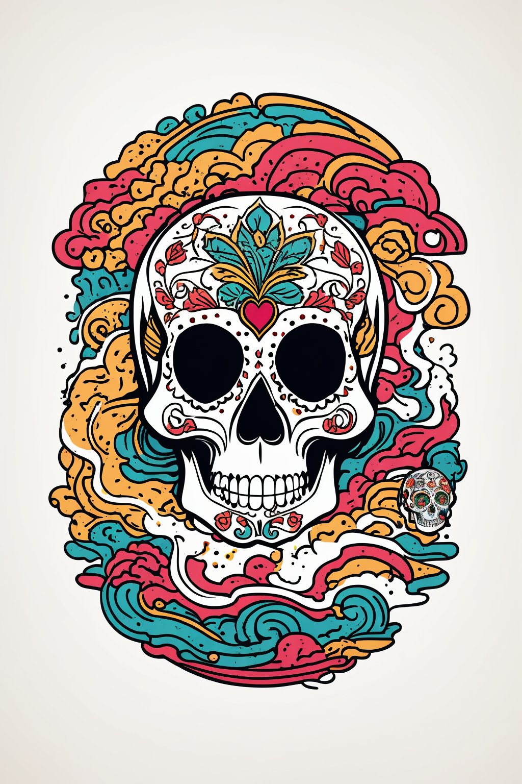 vector t shirt design, vector illustration, abstract representation of sugar skull in a isometric view. jose guadalupe posada style, street art, swirling colors, symbolizing new life and hope. white background, complementary colors