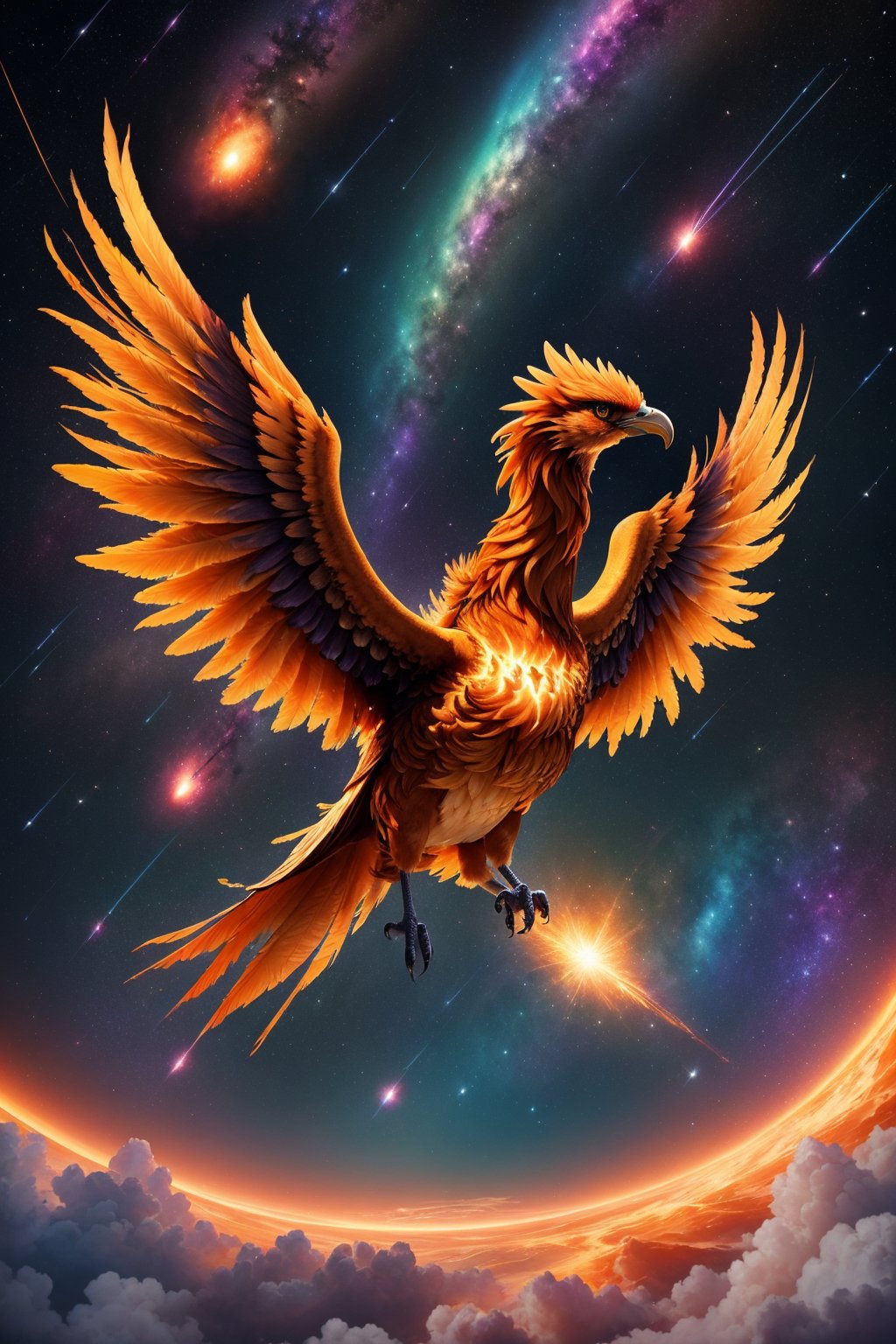 cover page of a majestic phoenix bird soaring through the endless expanse of space, its fiery feathers leaving a trail of stardust in its wake, colorful background, 8k.