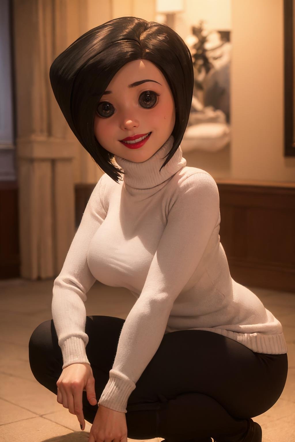 (masterpiece, best quality:1.2),  <lora:othermother:.9>, other mother, 1girl, solo, black hair, pants, sweater, short hair, breasts, black pants, turtleneck, black eyes, white sweater, lipstick, makeup, red lips, large breasts, long sleeves, turtleneck sweater, @ @, sweat, open mouth, looking at viewer, arm up, smile, indoors, dark room, stage lights, stage curtains, stage, squatting, 