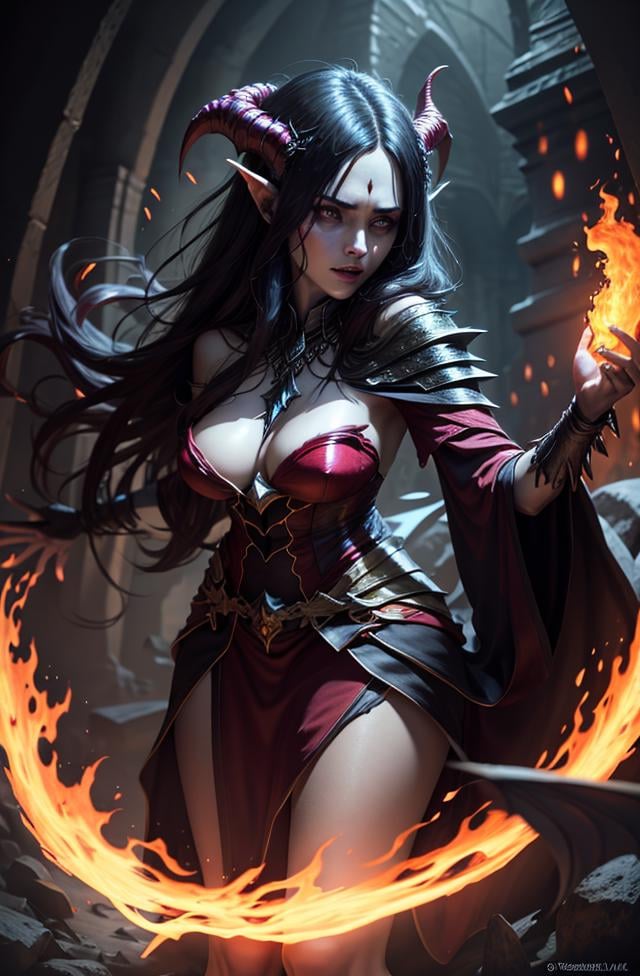 demonic sorceress conjuring fire
