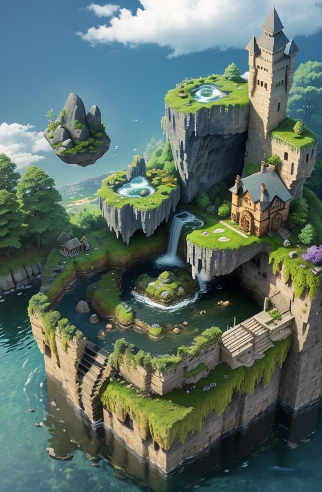 (simple background:1.2), (isometric 3d art of floating rock citadel), cobblestone, flowers, verdant, stone, moss, fish pool, (waterfall:1.2), cottage
