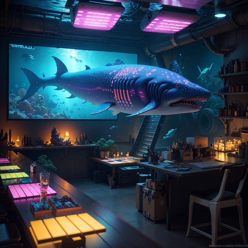 highres, bloom, cinematic lighting, underwater,giant whale, fantastic location, dream, flying, underwater cyberpunk city,(masterpiece:1.3), (best_quality:1.3), (ultra_detailed:1.3), 8k, extremely_clear, realism, (ultrarealistic:1.3)