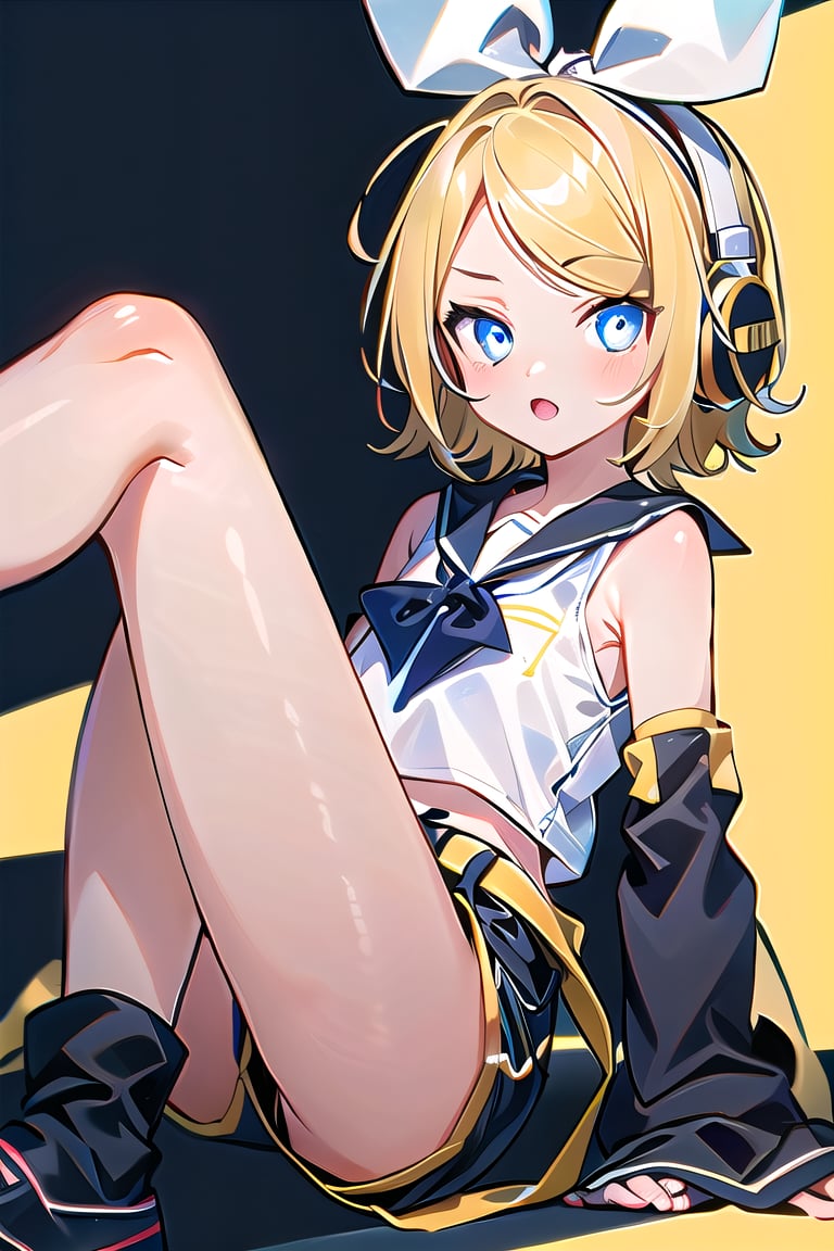 masterpiece, best quality,"Kagamine Rin, short hair, number tattoo, bow, white shirt, detached sleeves, belt, sailor collar, headphones, shorts, leg warmers",Rin Kagamine, glowing eyes 