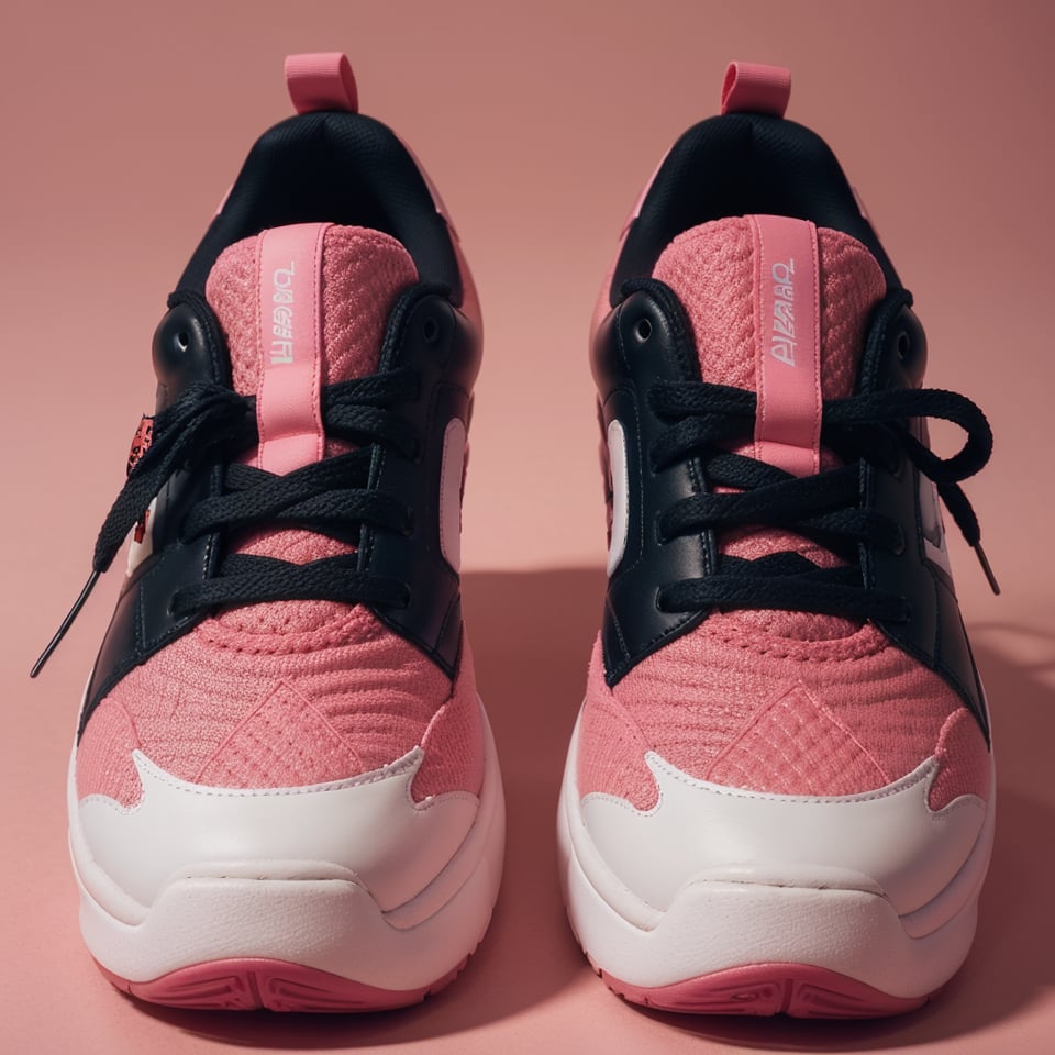 (Studio photography),(Concept design),(Featuring Sneakers with a unique design),(captured in a commercial style),(against a vibrant pink background),(In a cinematic composition, photorealistic in 8K).