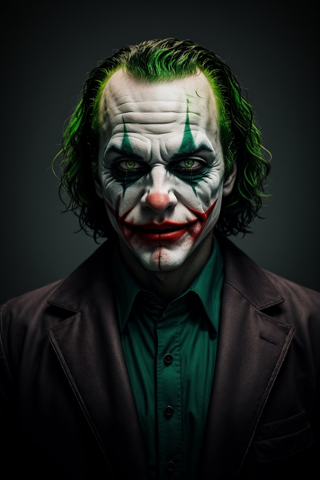 The Dark Joker with Green Evil Light eyes and lighting green thunder Dc , scary, Classic Academia, Flexography, ultra wide-angle, Game engine rendering, Grainy, Collage, analogous colors, Meatcore, infrared lighting, Super detailed, photorealistic, food photography, Cycles render, 4k