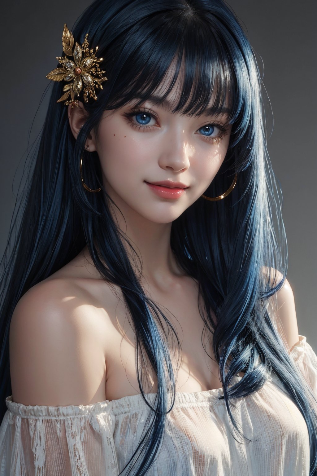 masterpiece, best quality, photorealistic, raw photo, 1girl, long hair, blouse, light smile, detailed skin, pore, off_shoulder, low key, black_background,Realism, blue hair