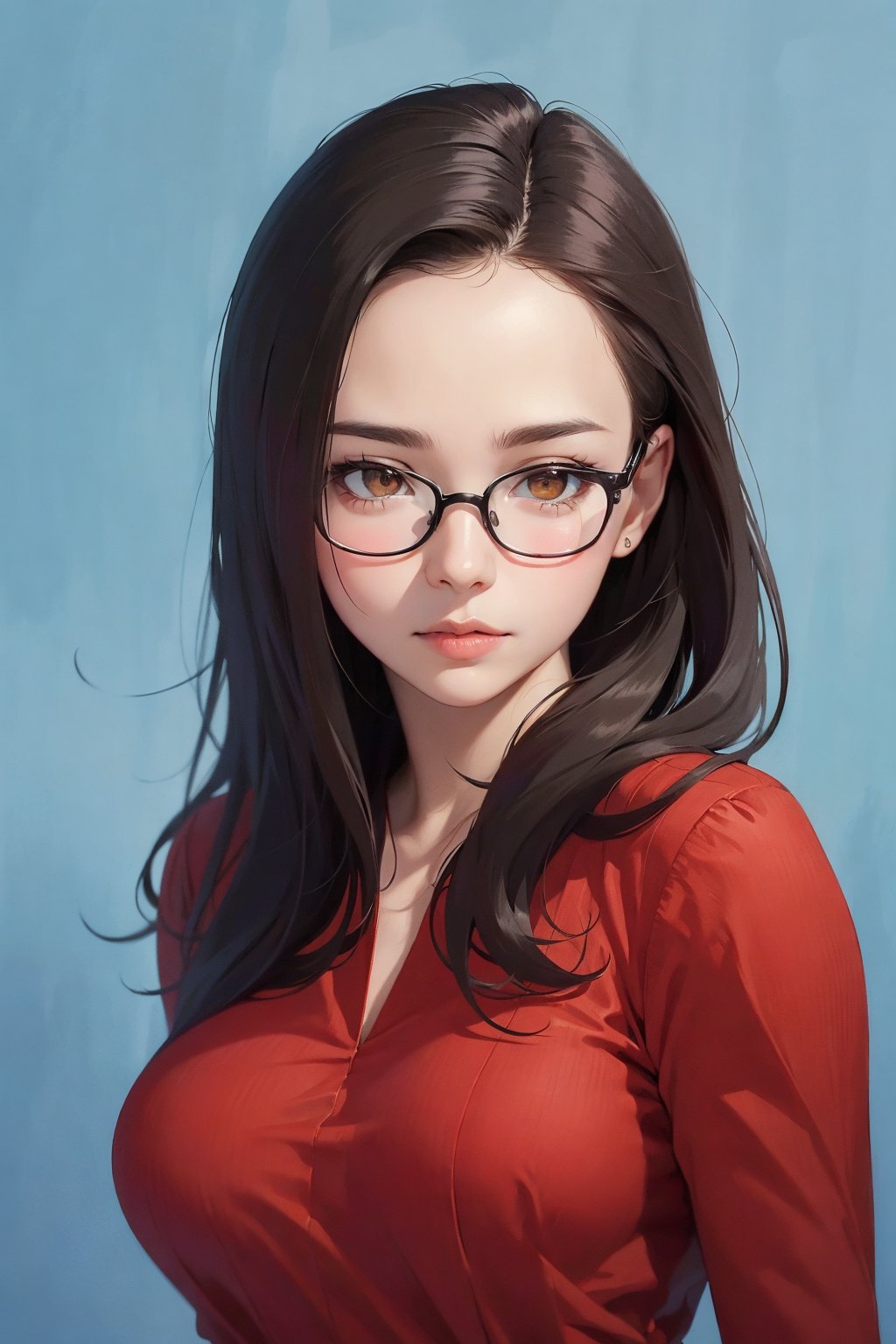 best quality, masterpiece, ultra high res, (photorealistic:1.4), RAW photo(brown_eyes:1.3), black_hair, straight hair, lips, (forehead:1.3),cute, large breasts, plump,petite,loli,glasses,,closed mouth, convergent strabismus, bashful, shy, blushing,<lora:flat:0.5>anime,linart,BREAK(red dress,:1.3)blue background,monochrome and red and blue,model pose,
