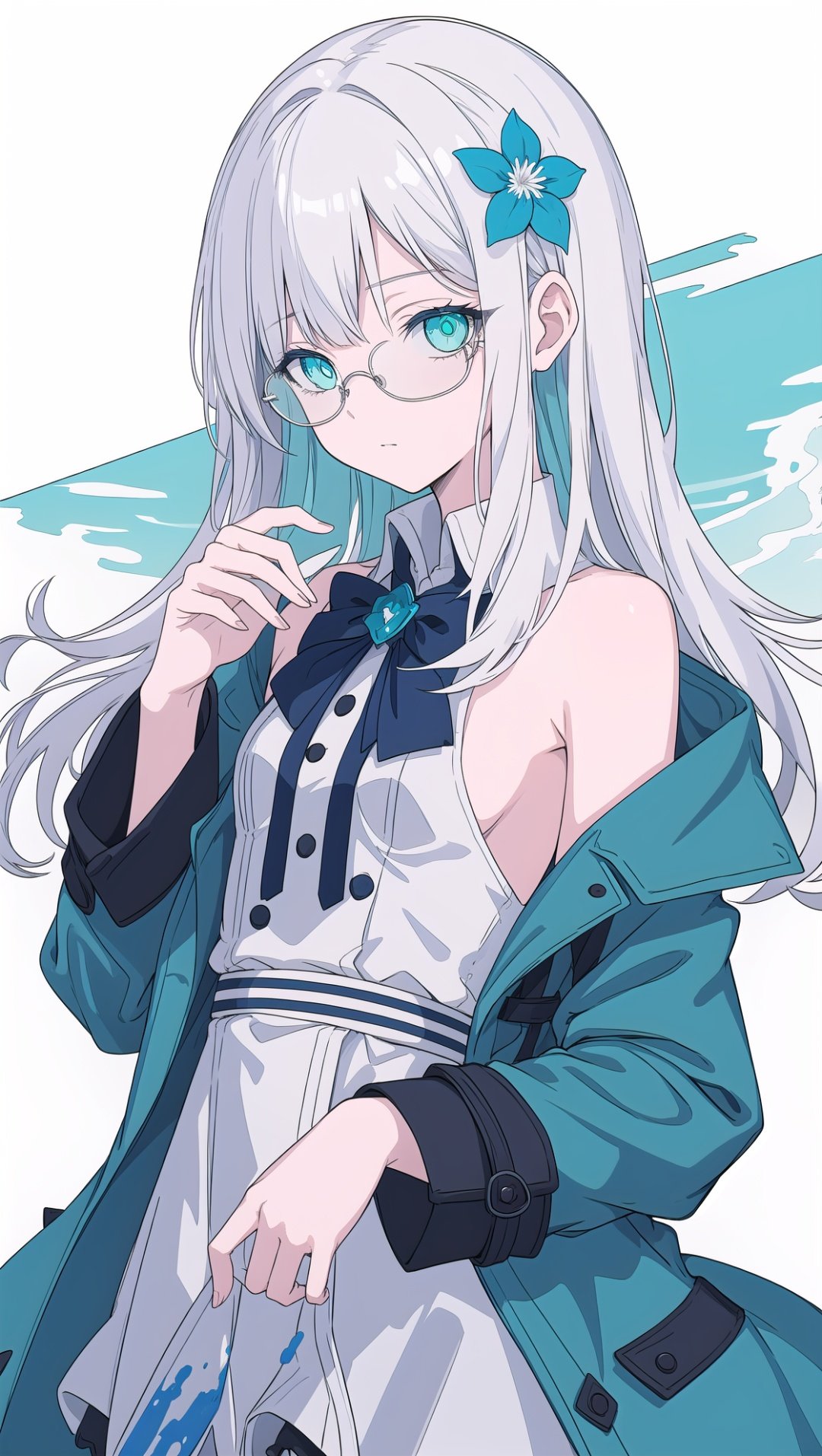 [(white background:1.4)::5], [(transparent background:1.3)::5],\\masterpiece,best quality,extremely detailed CG unity 8k wallpaper,white hair,long_hair,hair glass flower,Cyan eyes,small breasts,ink and wash painting,blue theme,trench_coat,glass land,1girl,flat shading,upper body,bare shoulders,hidden hands,beautiful eyes,full body,bare legs,