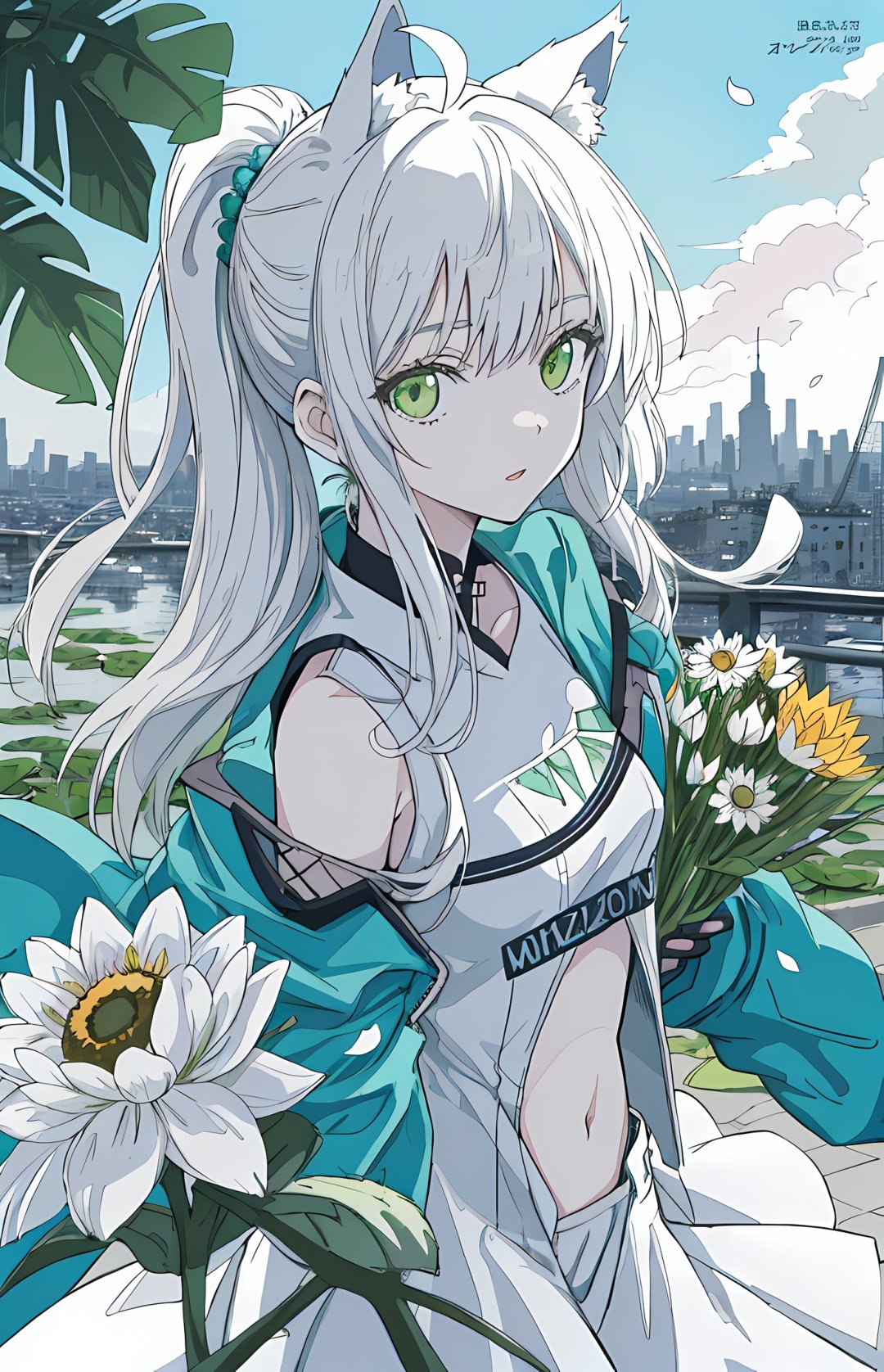 1girl, official, head, green eyes,animal ears, ahoge, long straight hair, ponytail, hair ornament,bare shoulders, black crop top, small breasts, navel, detached sleeves, elbow gloves, fingerless gloves, two tails, skirt bouquet, branch, daisy, dandelion, dress, floral_background, flower, flower_pot, green_flower, head_out_of_frame, holding, holding_bouquet, holding_flower, ivy, leaf, lily_\(flower\), lily_of_the_valley, lily_pad, long white_hair, lotus, morning_glory, palm_leaf, palm_tree, petals, plant, potted_plant, puffy_sleeves, rose, solo, sunflower, tulip, upper_body, vase, vines, white_dress, white_flower, white_rose, yellow_flower, masterpiece, best quality,beautiful detailed hair,beautiful detailed face,beautiful detailed jacket,beautiful detailed background,album cover,beautiful detailed splash, in city, cityscape,1girl,limited palette,pastel color, many line in hair, shiny skin,sunlight, 2020s,minute details, punk, out doors, looking at viewer, drawing,multicolored back graound, colorful, solo,cowboy shot, jacket, long sleeves, chest, ((((magazin cover)))), long hair, floating hair, bangs, colored inner hair, aqua theme, official art,