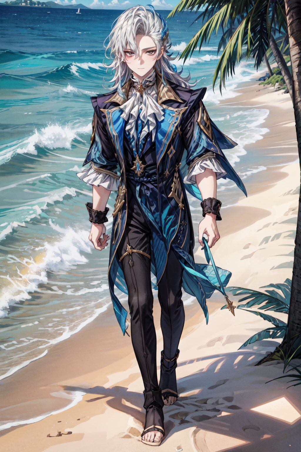 best quality, masterpiece, highres, detailed, 1boy, solo, Neuvillette, on a beach, full body, detailed clothes, detailed hair, soft light, close view, starring at the viewer, frow above, extends his hand, beach, blue sea, ocean, summer, sun, shellfish.