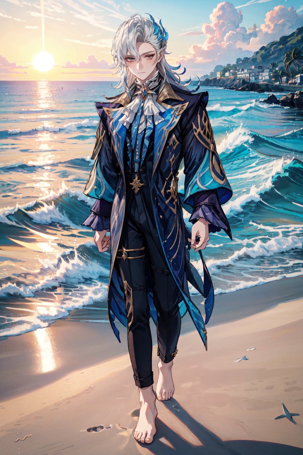 best quality, masterpiece, highres, detailed, 1boy, solo, Neuvillette, on a beach, full body, detailed clothes, detailed hair, soft light, close view, starring at the viewer, frow above, extends his hand, beach, blue sea, ocean, summer, sun, shellfish.