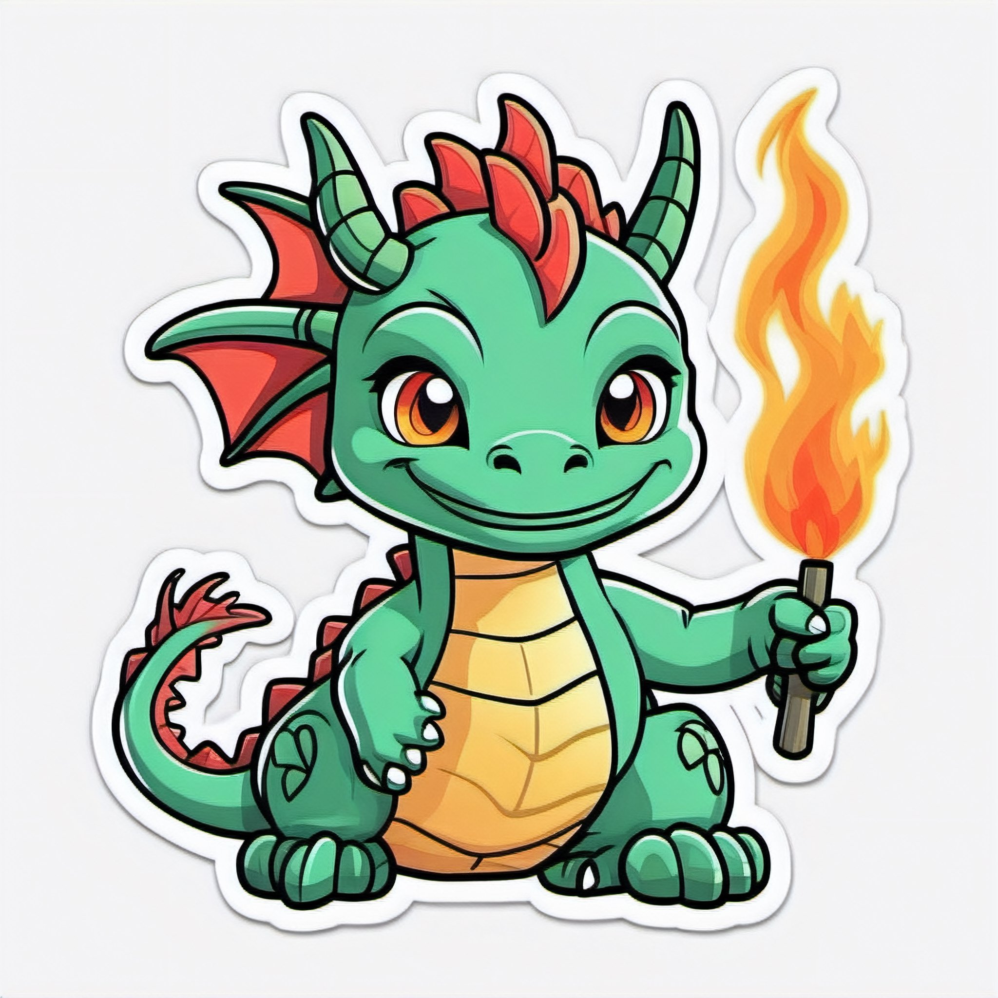  sticker,dragon, cartoon,outlines , cute little fire dragon, chibi, white background