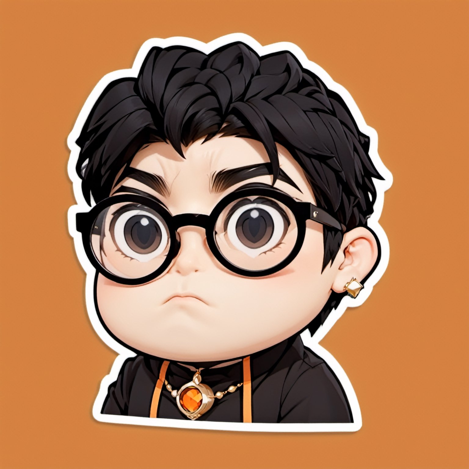 sticker, 1boy, male focus, solo, glasses, jewelry, orange background, earrings, outline, frown, white outline, simple background, chibi, black hair, black eyes