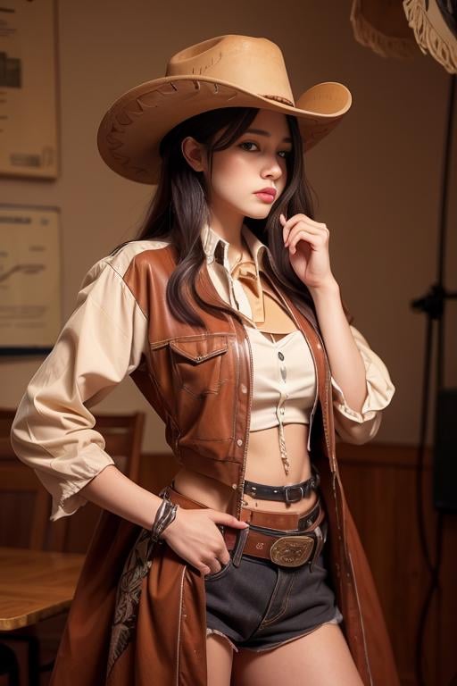 western cowboy style,photography,best quality, realistic, photorealistic, intricate details, (delicate detailed), (intricate details), cinematic light, best quality Backlights, clear line, 8k,ultra high res, <lora:v3_style_niuzai:1>