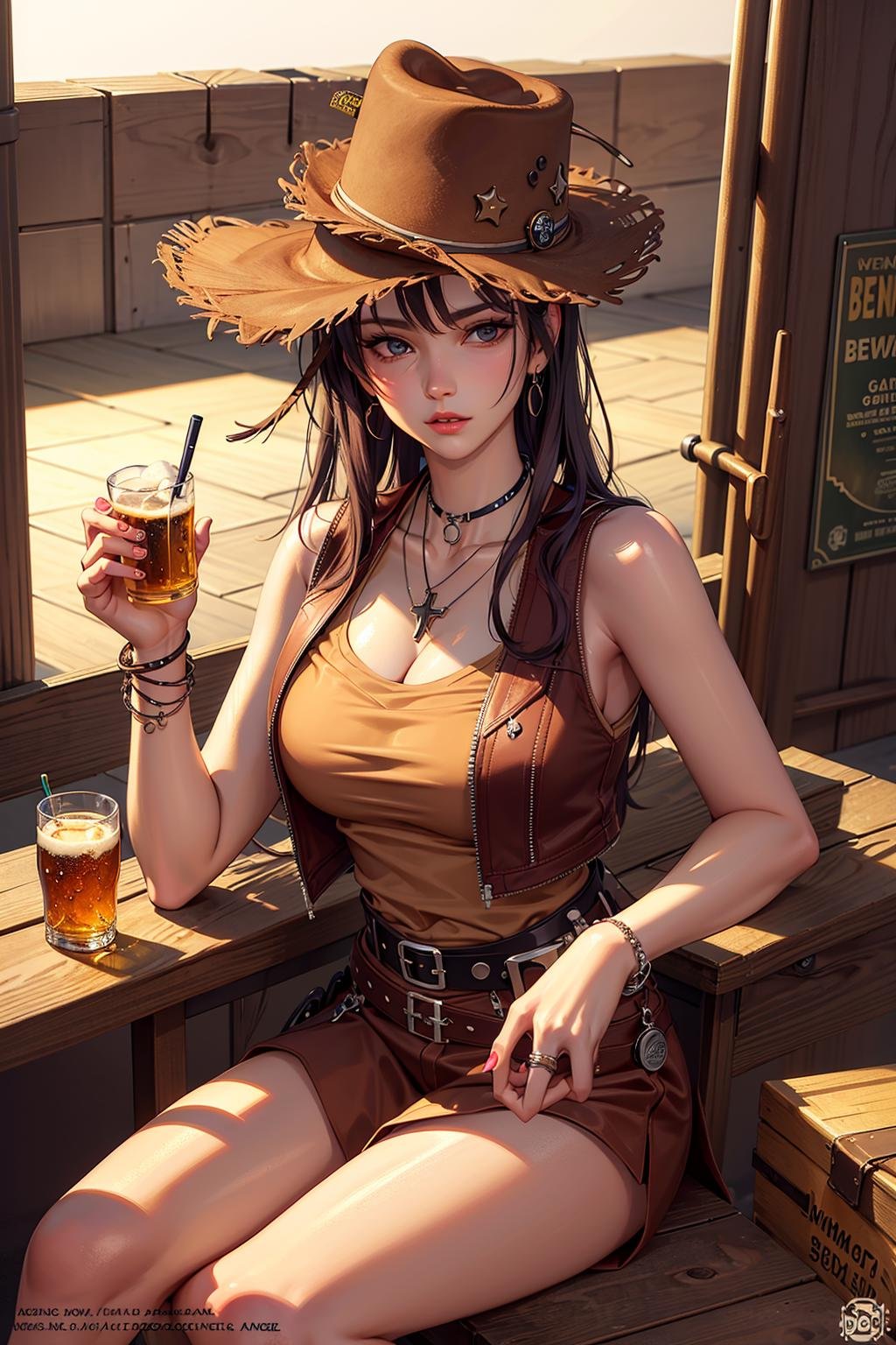 Holding a revolver in hand,western cowboy style,photography,best quality, realistic, photorealistic, intricate details, (delicate detailed), (intricate details), cinematic light, best quality Backlights, clear line, 8k,ultra high res, <lora:cowboyNiuzai_v10:1>,women, alcohol, bar, beer, beer_mug, belt, boots, bottle, bracelet, breasts, brown_hair, cowboy_hat, cowboy_western, crossed_legs, cup, drink, drinking_glass, hat, holding_cup, jewelry, lips, mug, necklace, realistic, sitting, solo, table, wine_glass