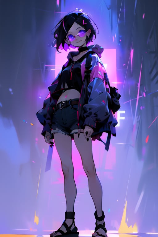 , solo, hood, shorts, black hair, black nails, full body, glasses, white background, toenail polish, hair ornament, toenails, purple eyes, nail polish, hoodie, belt, simple background, sandals, virtual youtuber, thigh strap, looking at viewer, denim, standing, 1girl, long sleeves, hairclip, black belt, jewelry, denim shorts, black footwear, short hair, hood down, torn clothes, smile, short shorts, closed mouth, earrings, torn shorts, cutoffs, choker, bag, male focus
