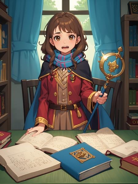(masterpiece, best quality:1.15), 1girl, solo, fairyland, (hermione granger:1.1), from harry potter, gryffindor scarf, frizzy brown hair, hogwarts robes, buck teeth, bushy hair, brown eyes, books, wand, confident expression