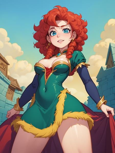 (masterpiece, best quality:1.2), 1girl, solo, (merida:1.1), from disney's brave, emerald and gold, curly red hair, medium breasts, afro, long green dress, blue eyes