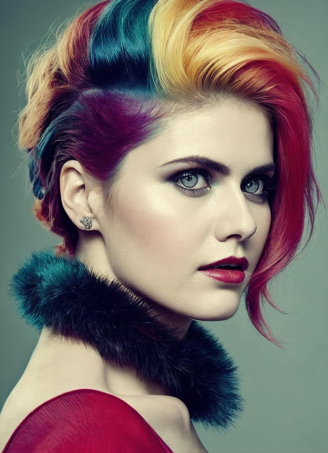 portrait of sks woman by Flora Borsi, style by Flora Borsi, bold, bright colours, rainbow Mohawk haircut, ((Flora Borsi)), <lora:locon_alexandra_v2_from_v2_64_32:1.25>