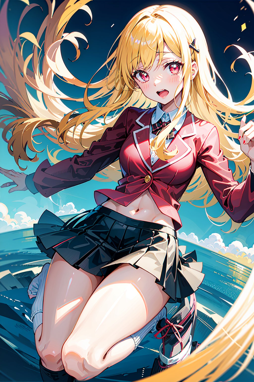 1girl,  solo, (best quality), (masterpiece:1.1),  full body,  red clothes,  looking_at_viewer,  dynamic angle,  cute,  short skirt,  clear facial skin, Urara Shiraishi, <lora:EMS-48238-EMS:0.800000>