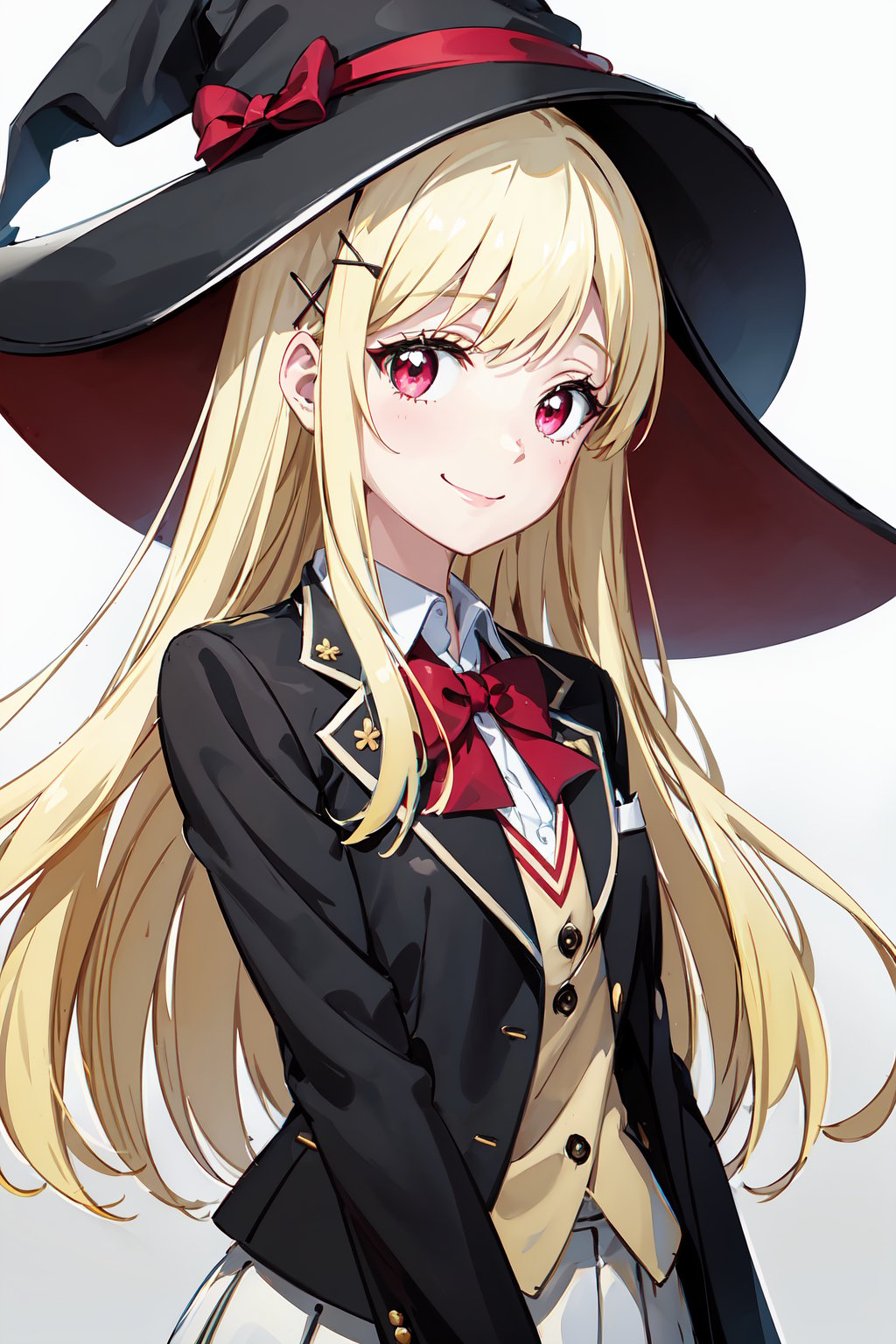masterpiece,  best quality,  illustration,  highres,  sharp focus,  (intricate details),  highly detailed,  urara_shiraishi,  1girl,  upper body,  witch hat,  blonde hair,  long hair,  hair ornament,  bow,  school uniform,  blazer,  bowtie,  red eyes,  upper body,  x hair ornament,  Urara Shiraishi,  dynamic angle,  smile,  white sleeves, <lora:EMS-48238-EMS:0.800000>
